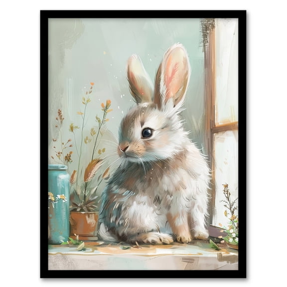 Artery8 Cute Bunny Rabbit on Window Sill Rustic Painting Living Room Art Print Framed Poster Wall Decor 12x16 inch