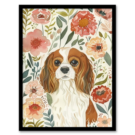 Artery8 Cute Cavalier King Charles Spaniel in Wildflowers Living Room Art Print Framed Poster Wall Decor 12x16 inch