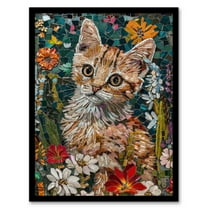 Artery8 Cute Kitten in Flower Field Cat Lover Mosaic For Living Room Art Print Framed Poster Wall Decor 12x16 inch