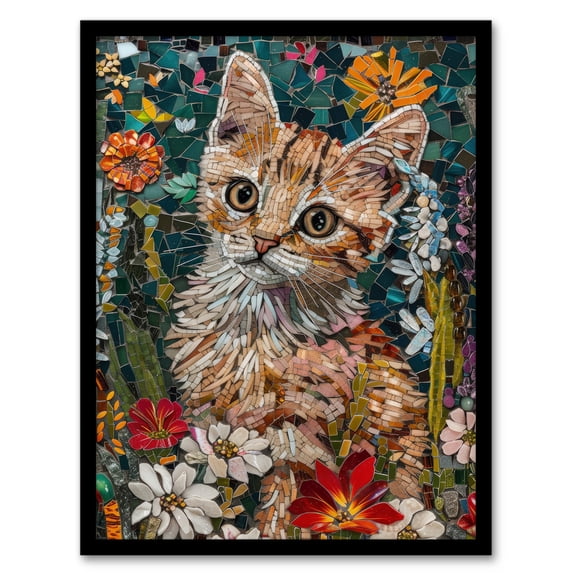 Artery8 Cute Kitten in Flower Field Cat Lover Mosaic For Living Room Art Print Framed Poster Wall Decor 12x16 inch