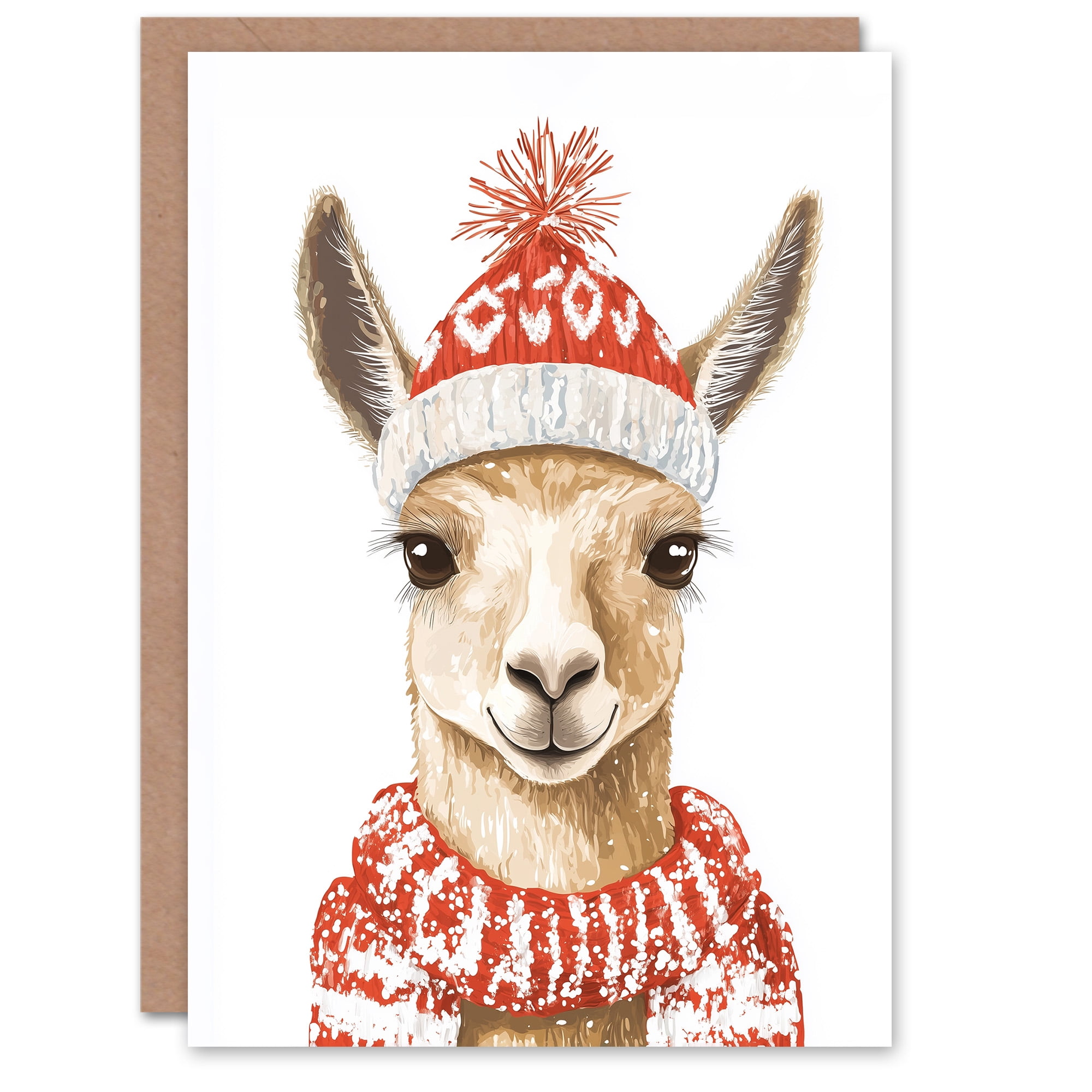 Artery8 Cute Llama With Red Winter Hat Scarf Watercolour Blank For Him Or Her Art Christmas Card