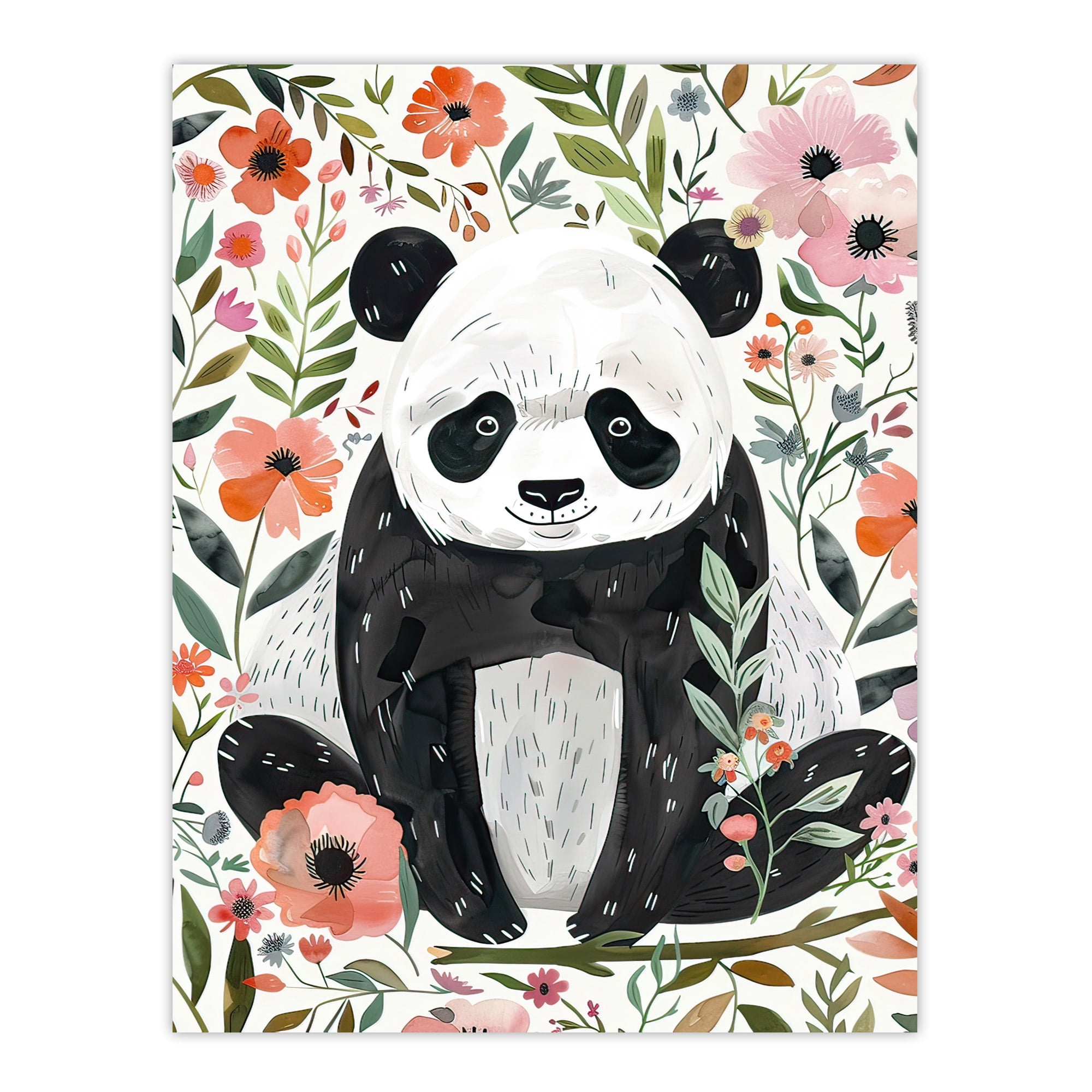 Artery8 Cute Panda with Flowers Boho Floral Watercolour Kids Bedroom ...