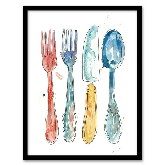 Artery8 Cutlery Fork Knife Spoon Bright Happy Watercolour Kitchen Art Print Framed Poster Wall Decor 12x16 inch