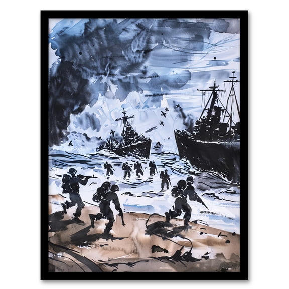 Artery8 D Day Normandy Landing 1944 WWII Watercolour Man Cave Artwork Framed Wall Art Print A4