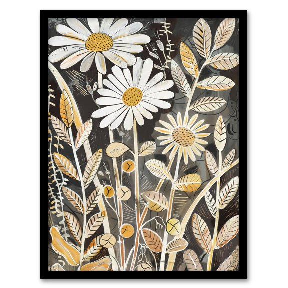 Artery8 Dark Daisies Forest Artwork Quirky Floral Rustic Living Room Artwork Framed Wall Art Print A4
