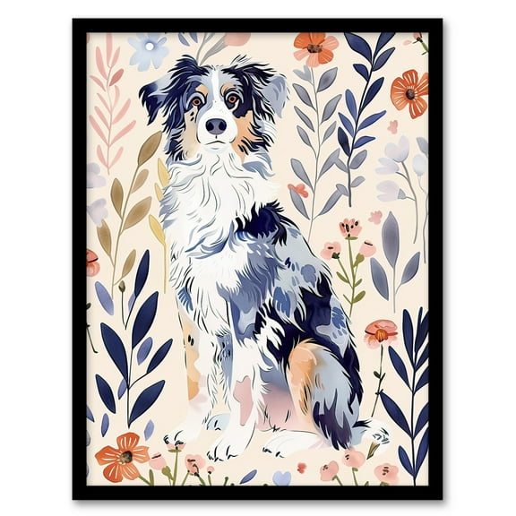 Artery8 Dog Lover Australian Sheepdog Floral Portrait Living Room Art Print Framed Poster Wall Decor 12x16 inch