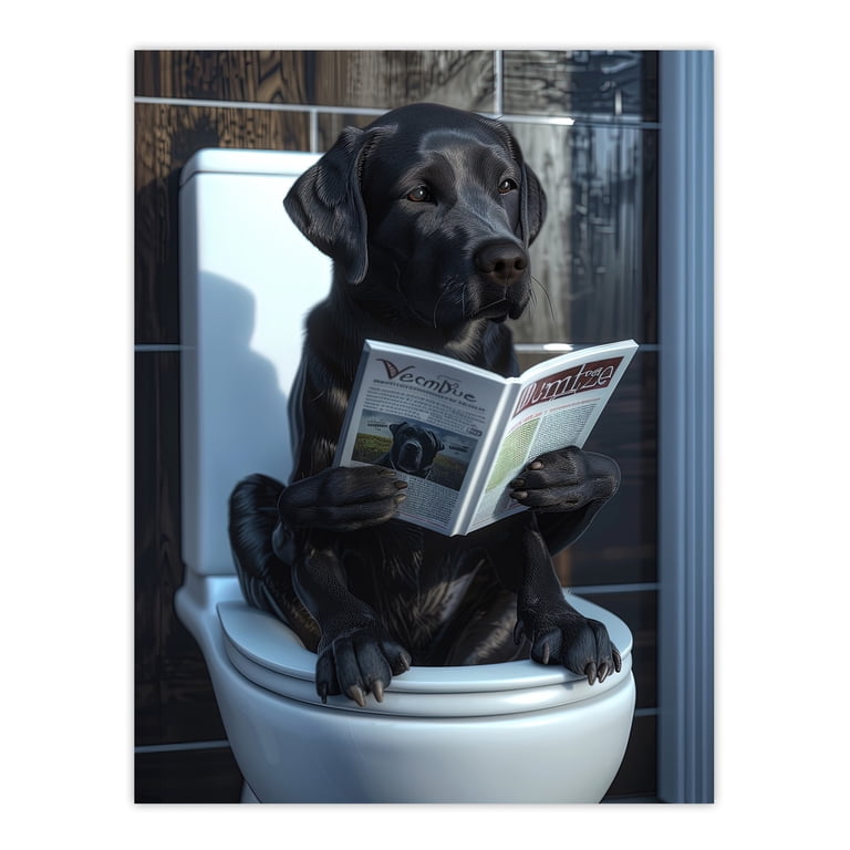 Tableau Toile Chien Labrador Noir Au Téléphone Sur Les Toilettes - Art Mural Humoristique