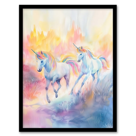 Artery8 Dreamy Rainbow Unicorns in Pastel Colour Forest Kids Bedroom Nursery Artwork Framed Wall Art Print A4