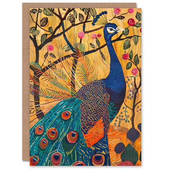 Artery8 Exotic Peacock in Tree with Roses Artwork Greeting Birthday Card Him Her All Blank