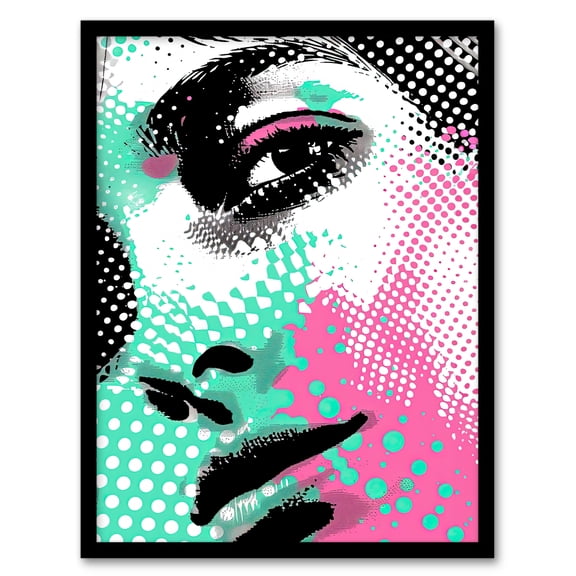 Artery8 Face Close Up Turquoise Pink Pop Art Portrait For Living Room Art Print Framed Poster Wall Decor 12x16 inch