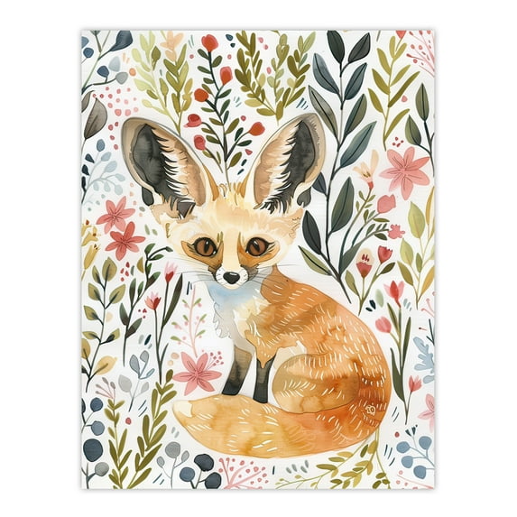 Artery8 Fennec Fox Boho Floral Watercolour Portrait Living Room Extra Large XL Wall Art Poster Print