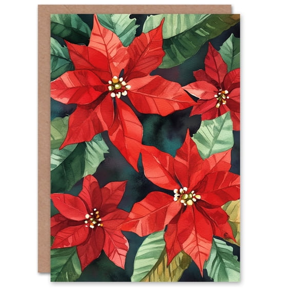 Artery8 Floral Poinsettia Flower Blooms Blank For Him Or Her Art Xmas Festive Christmas Card
