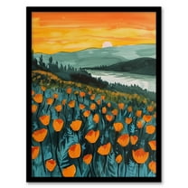 Artery8 Floral Shoreline California Poppies At Sunrise Living Room Art Print Framed Poster Wall Decor 12x16 inch