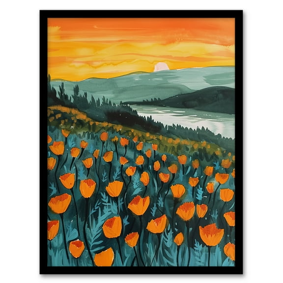 Artery8 Floral Shoreline California Poppies At Sunrise Living Room Art Print Framed Poster Wall Decor 12x16 inch