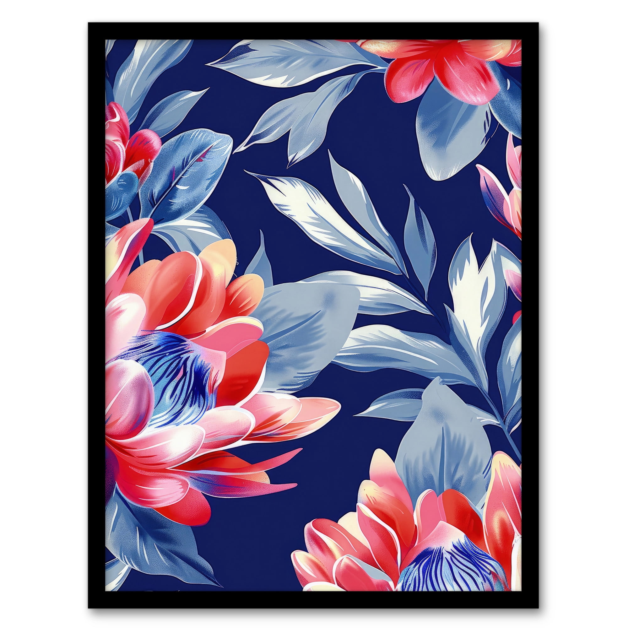 Artery8 Flower Blooms and Fronds Pink Blue Floral Pattern For Living ...
