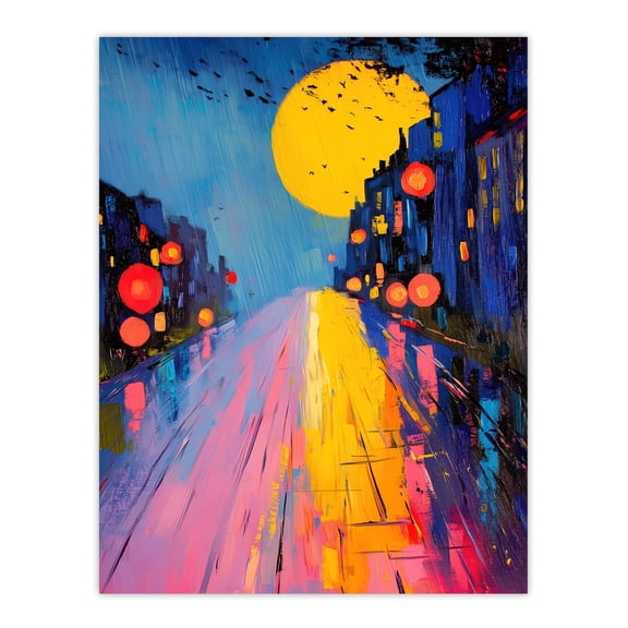 Artery8 Full Moon Night City Street Colourful Abstract Living Room Unframed Wall Art Print Poster Home Decor