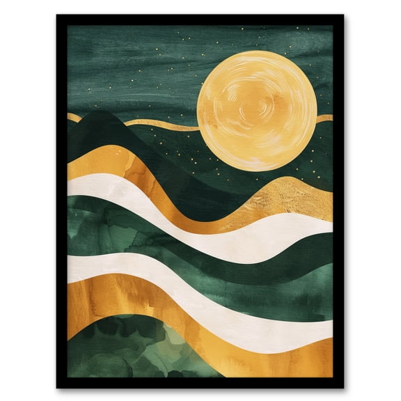 Artery8 Full Moon Over Mountains Green Gold Boho Abstract Living Room Artwork Framed Wall Art Print A4
