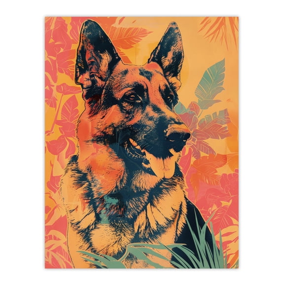Artery8 German Shepherd Colourful Botanical Pet Portrait For Living Room Extra Large XL Wall Art Poster Print