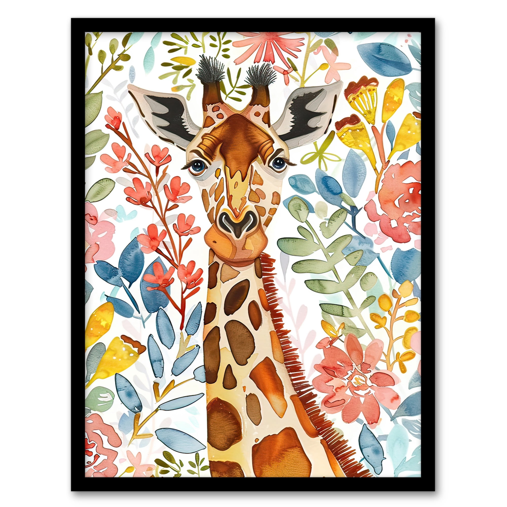 Artery8 Giraffe Colourful Floral Watercolour Portrait Living Room Art ...