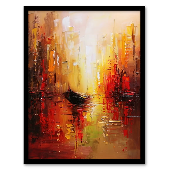 Artery8 Gondola Canal Abstract Venice Fiery Gold Sunset Living Room Art Print Framed Poster Wall Decor 12x16 inch