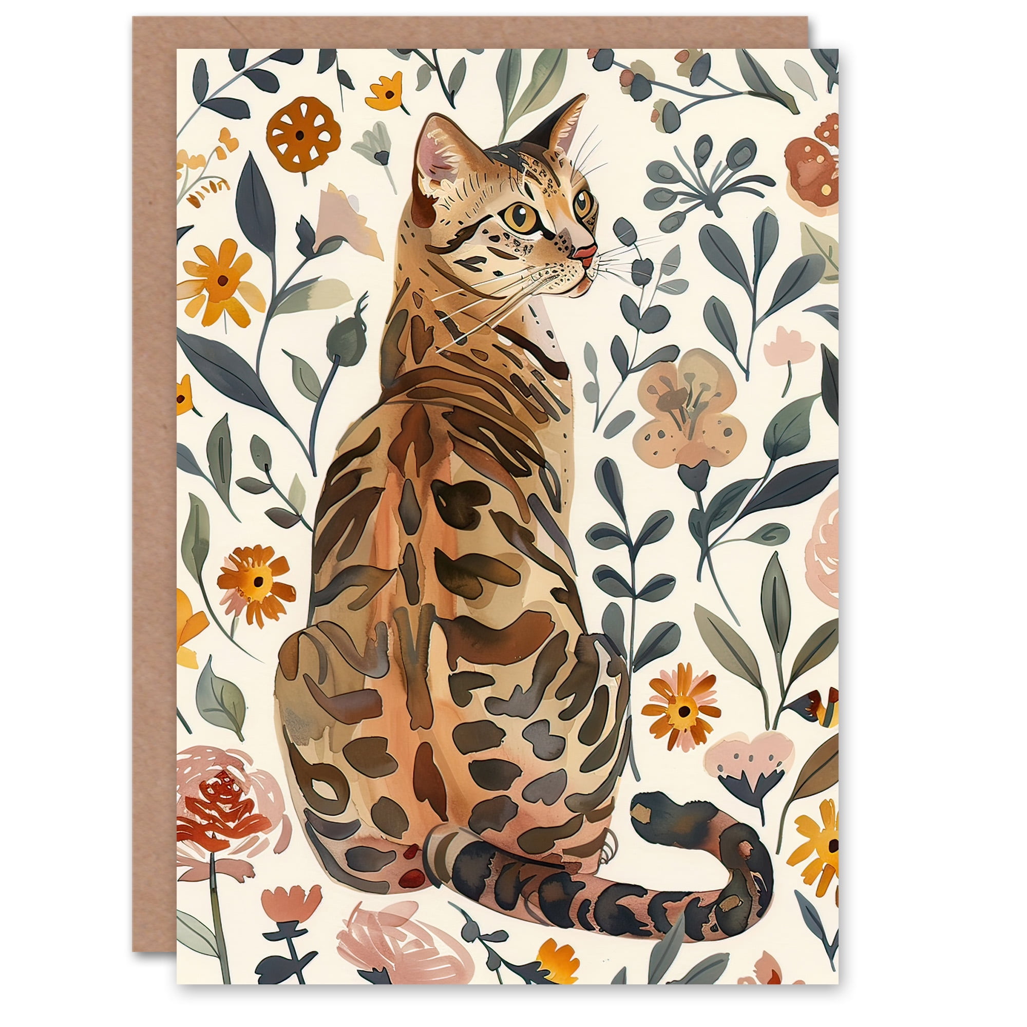 Artery8 Biglietto Di Auguri Gatto Nero E Fiori Gialli - 17,5x12,5 Cm, Interno Bianco, Con Busta