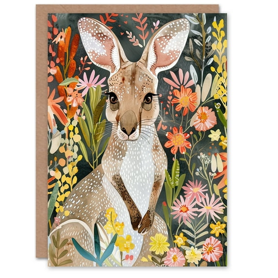 Artery8 Greeting Card Cute Baby Kangaroo with Vibrant Spring Flowers For Her Woman Birthday Card
