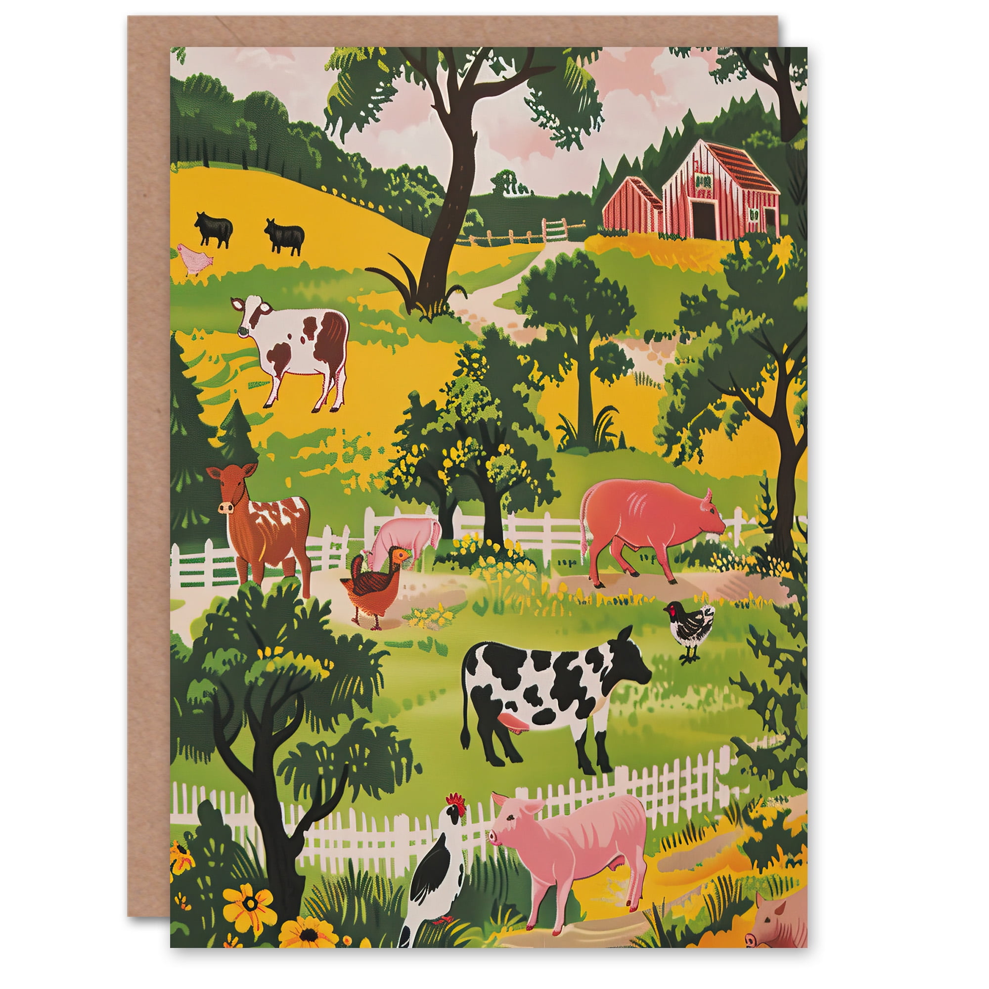 Artery8 Greeting Card Cute Farm Animals Cow Pig Chickens Painting Blank For Him Or Her Art Birthday Card