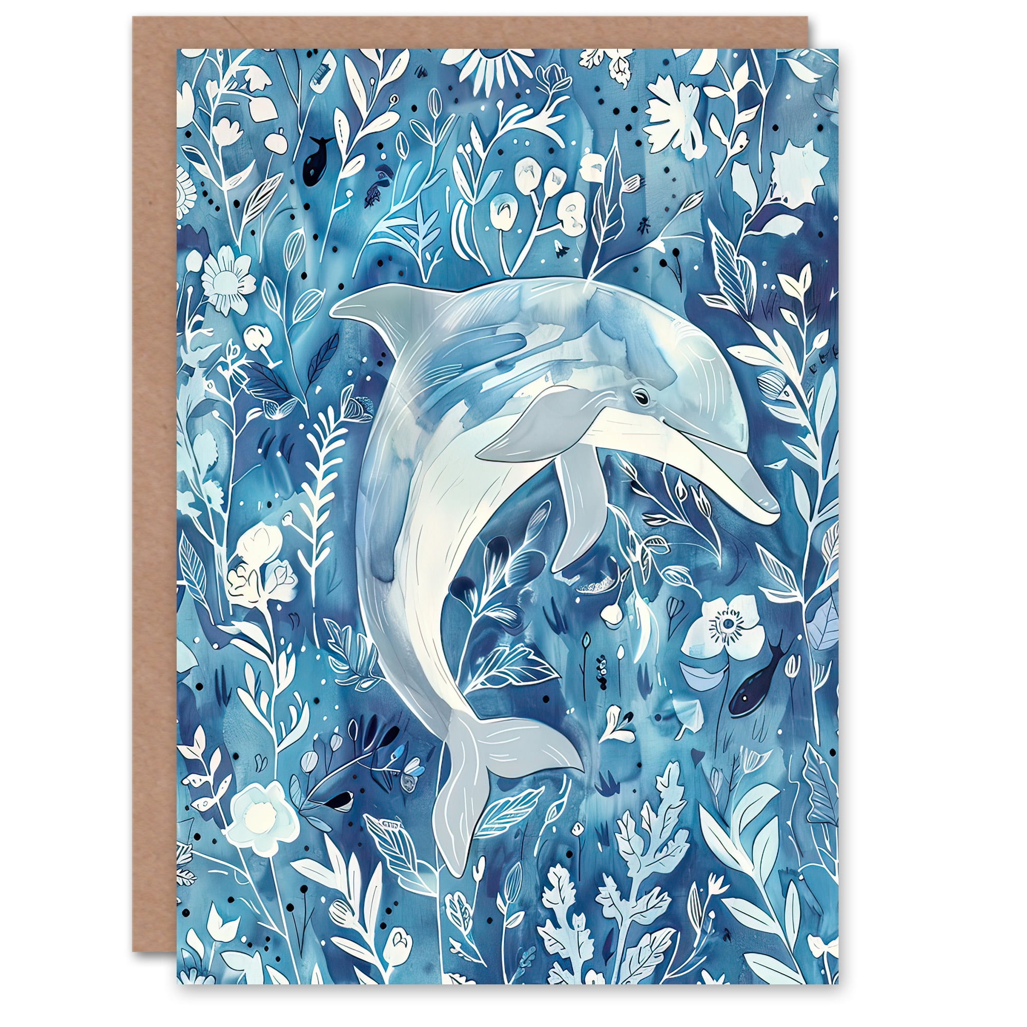 Artery8 Greeting Card Dolphin in Blue Floral Pattern Watercolour For ...