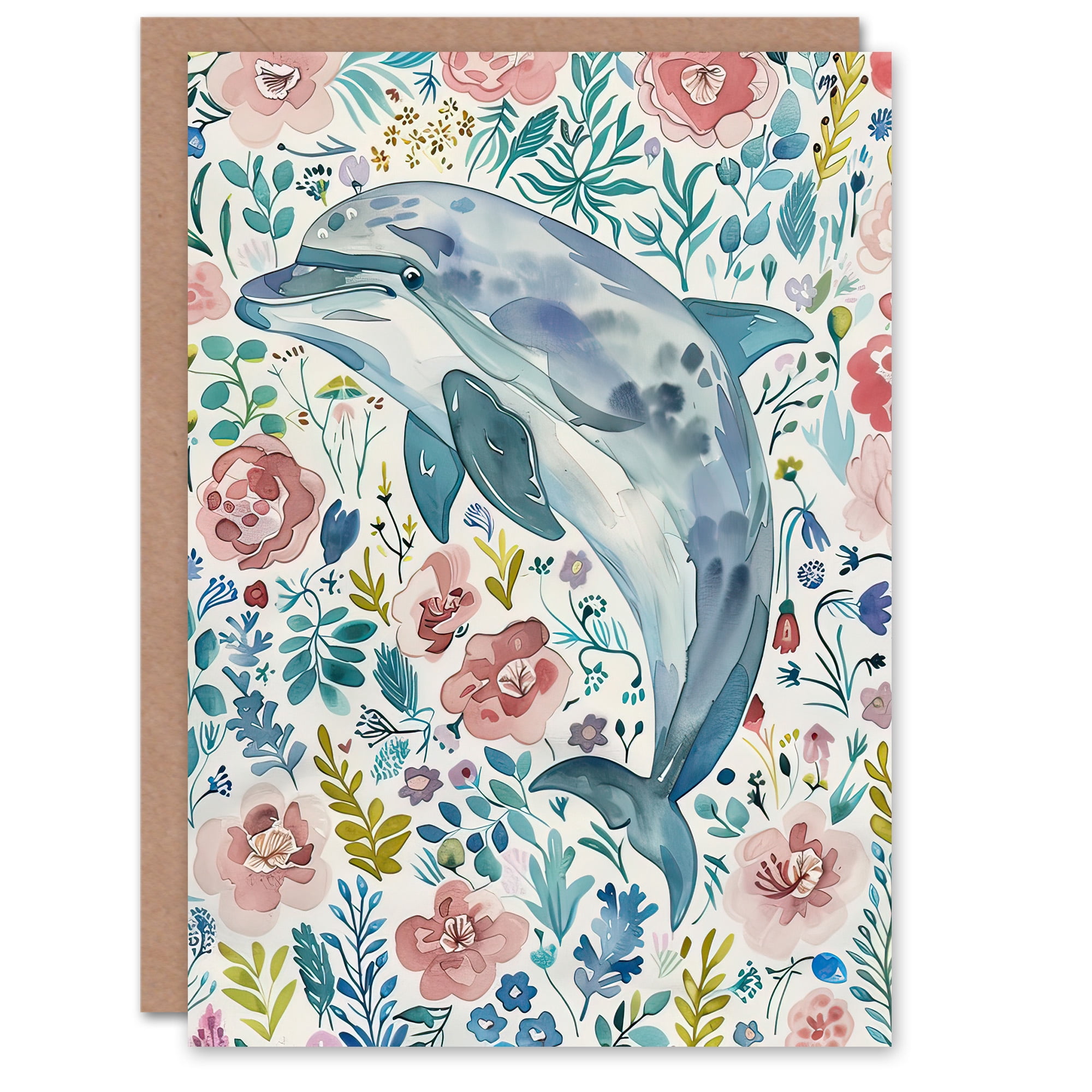 Artery8 Greeting Card Dolphin with Wildflowers Pink Blue Watercolour ...