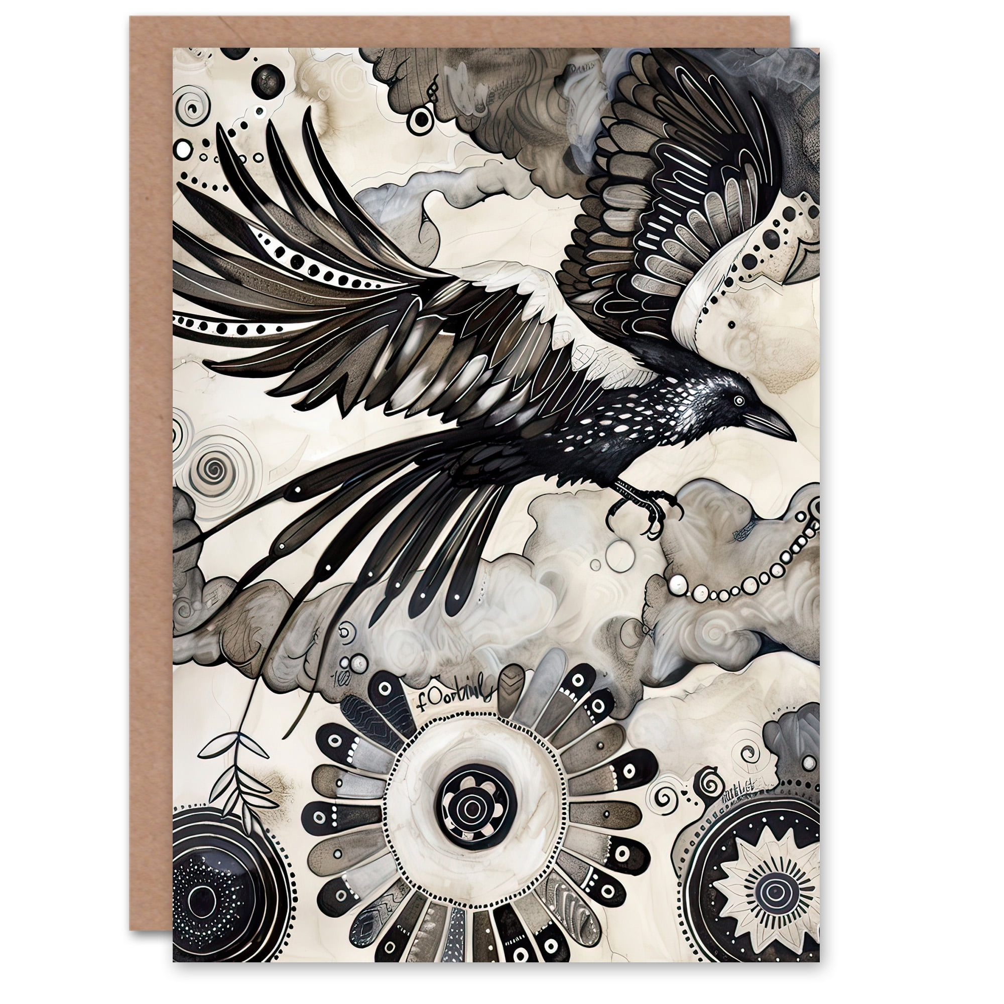 Artery8 Greeting Card Flying Black Raven Painting Magic Mandala Dark ...