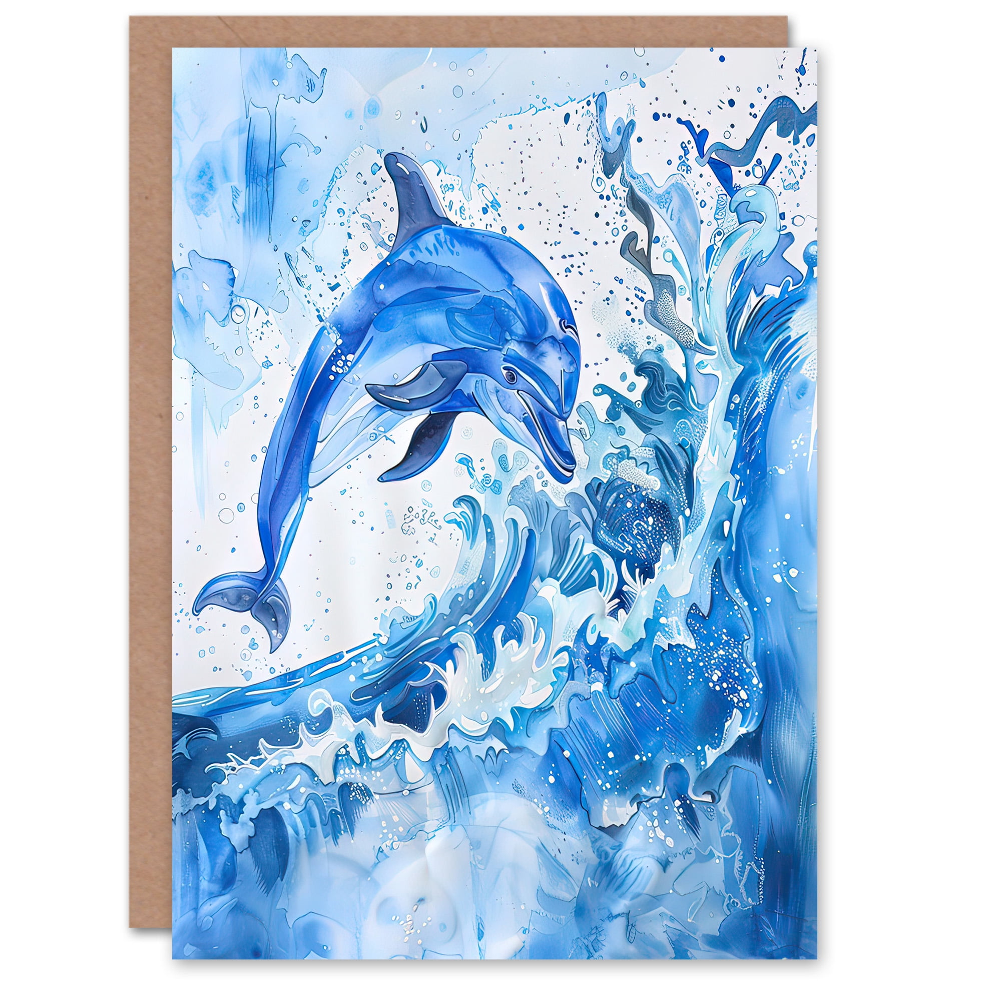 Artery8 Greeting Card Playful Dolphin in Ocean Waves Splash Watercolour ...