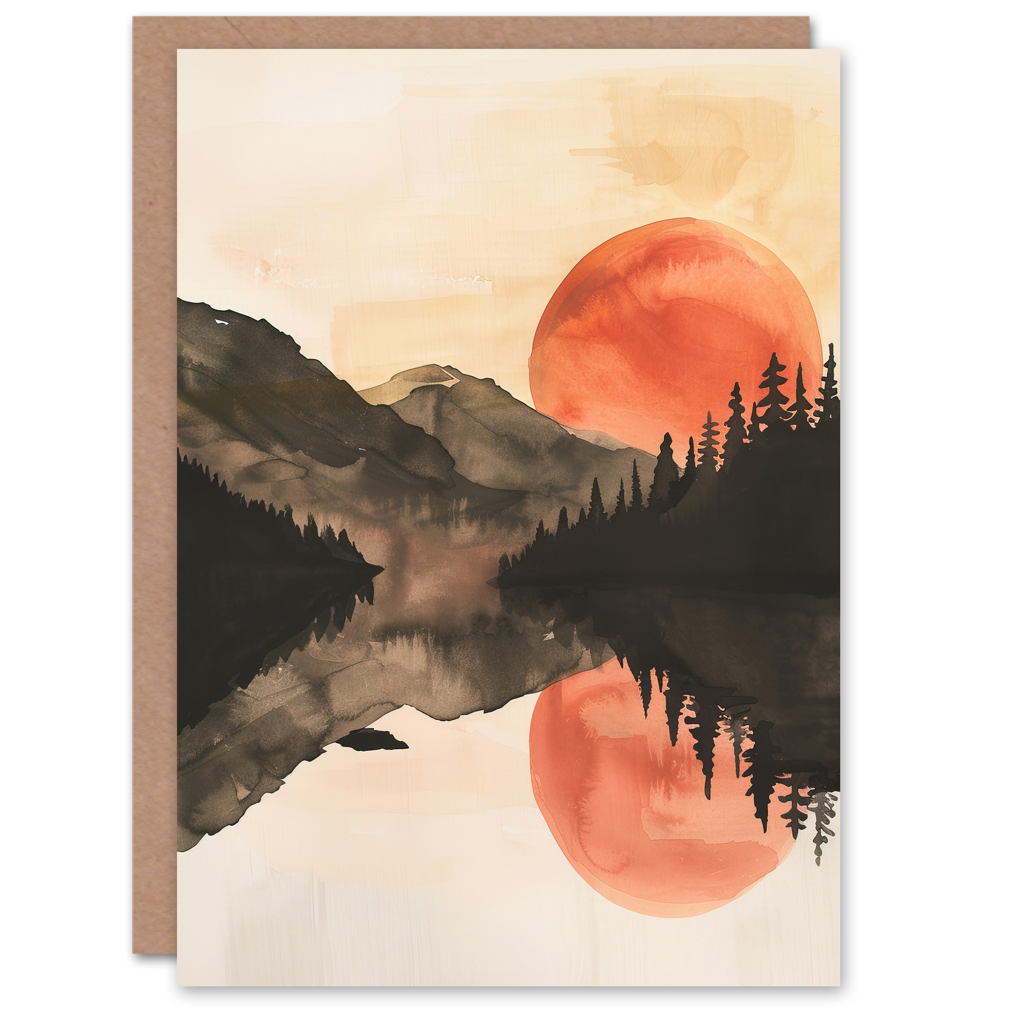Artery8 Greeting Card Red Sun Setting Behind Lakeside Forest Mountains ...