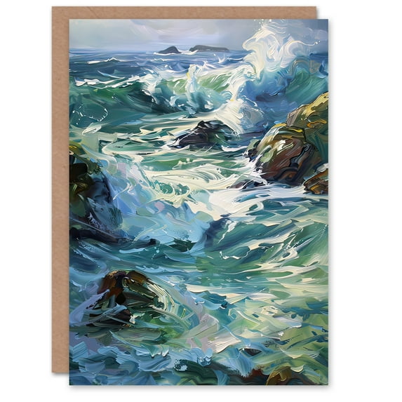 Artery8 Greeting Card Sea Spray Waves Crashing on Rocks Oil Painting Blank For Him Or Her Art Birthday Card