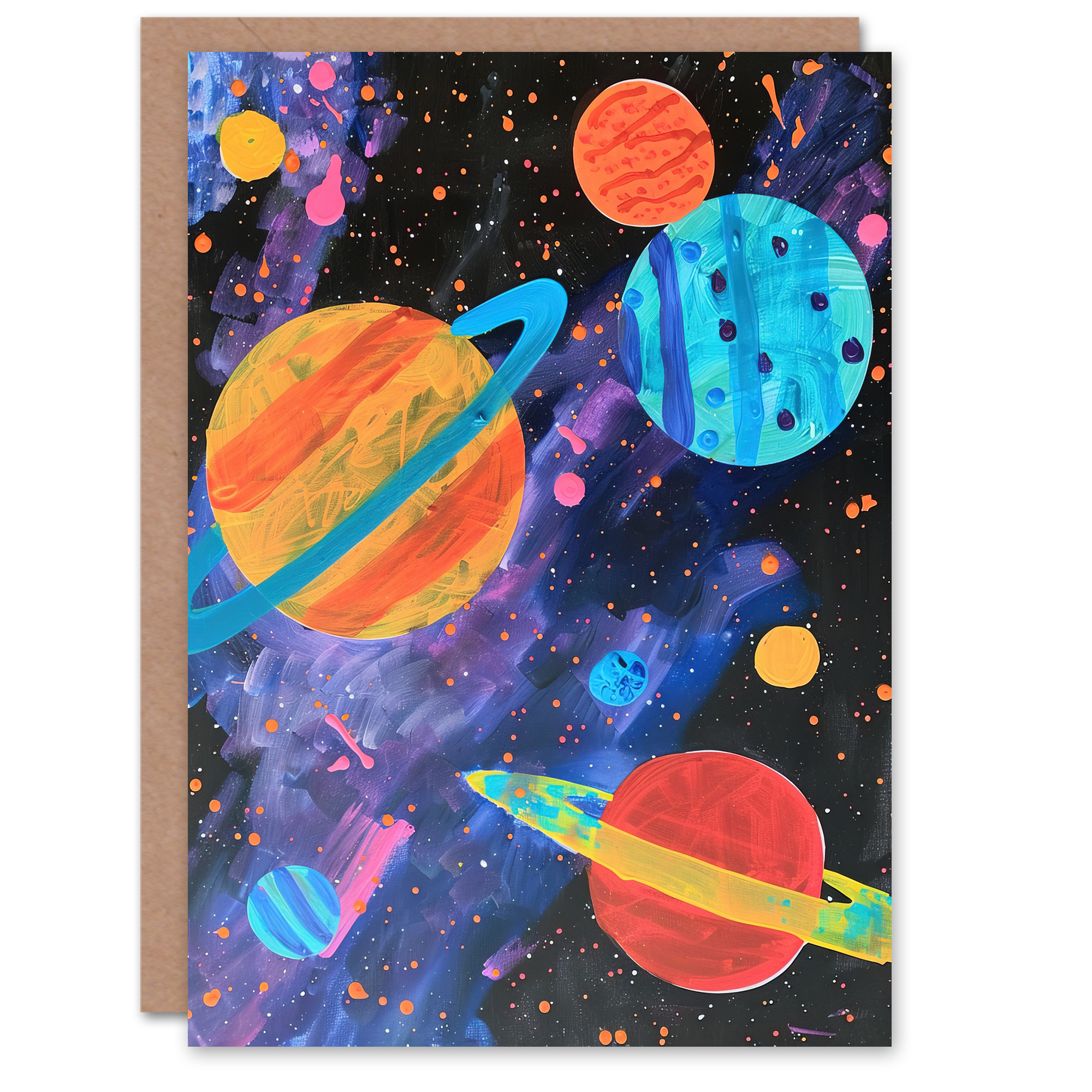 Artery8 Greeting Card Space Planets and Stars Colourful Child Painting ...