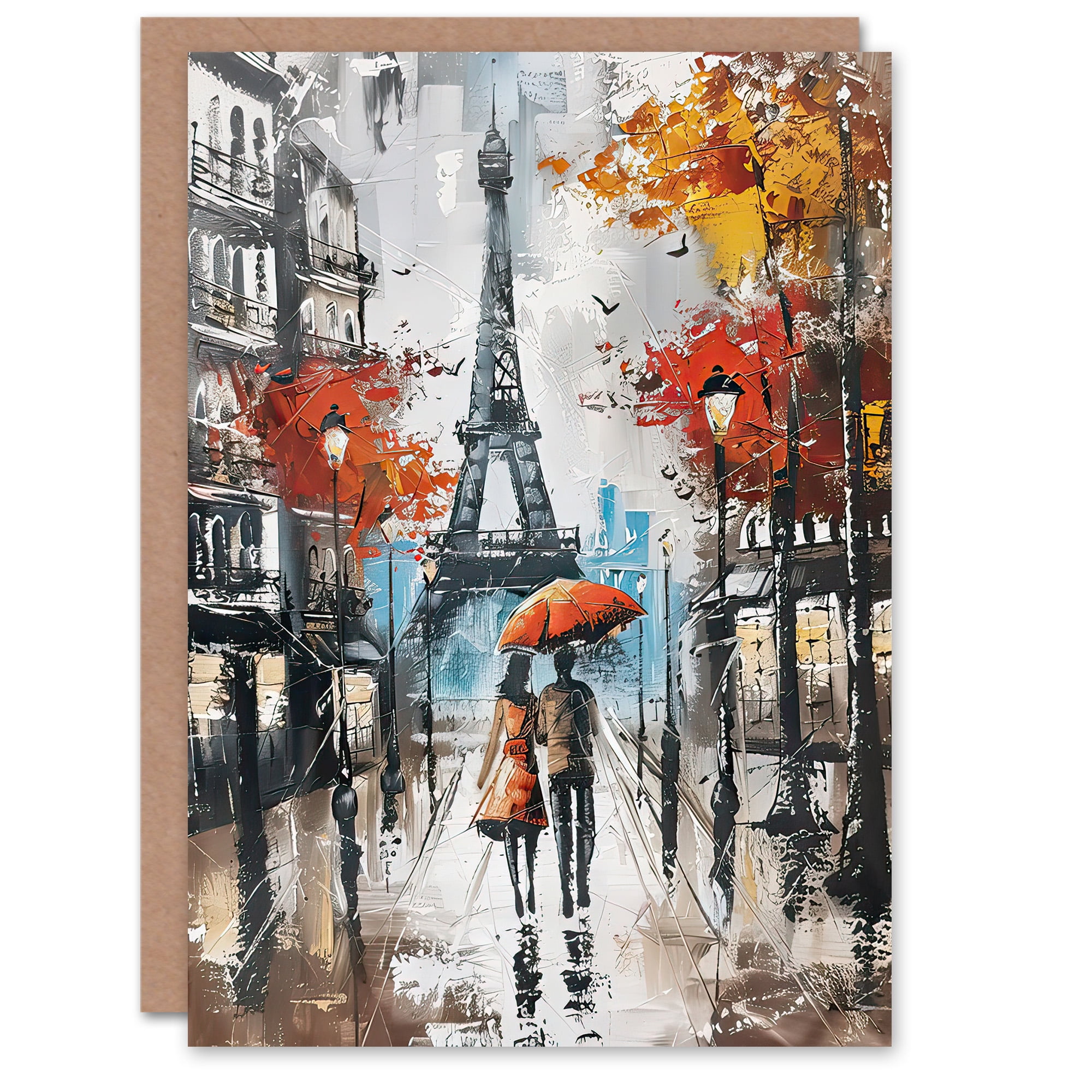 Artery8 Greeting Card Umbrella Lovers Abstract Autumn Paris Cityscape Blank For Him Or Her Art Birthday Card