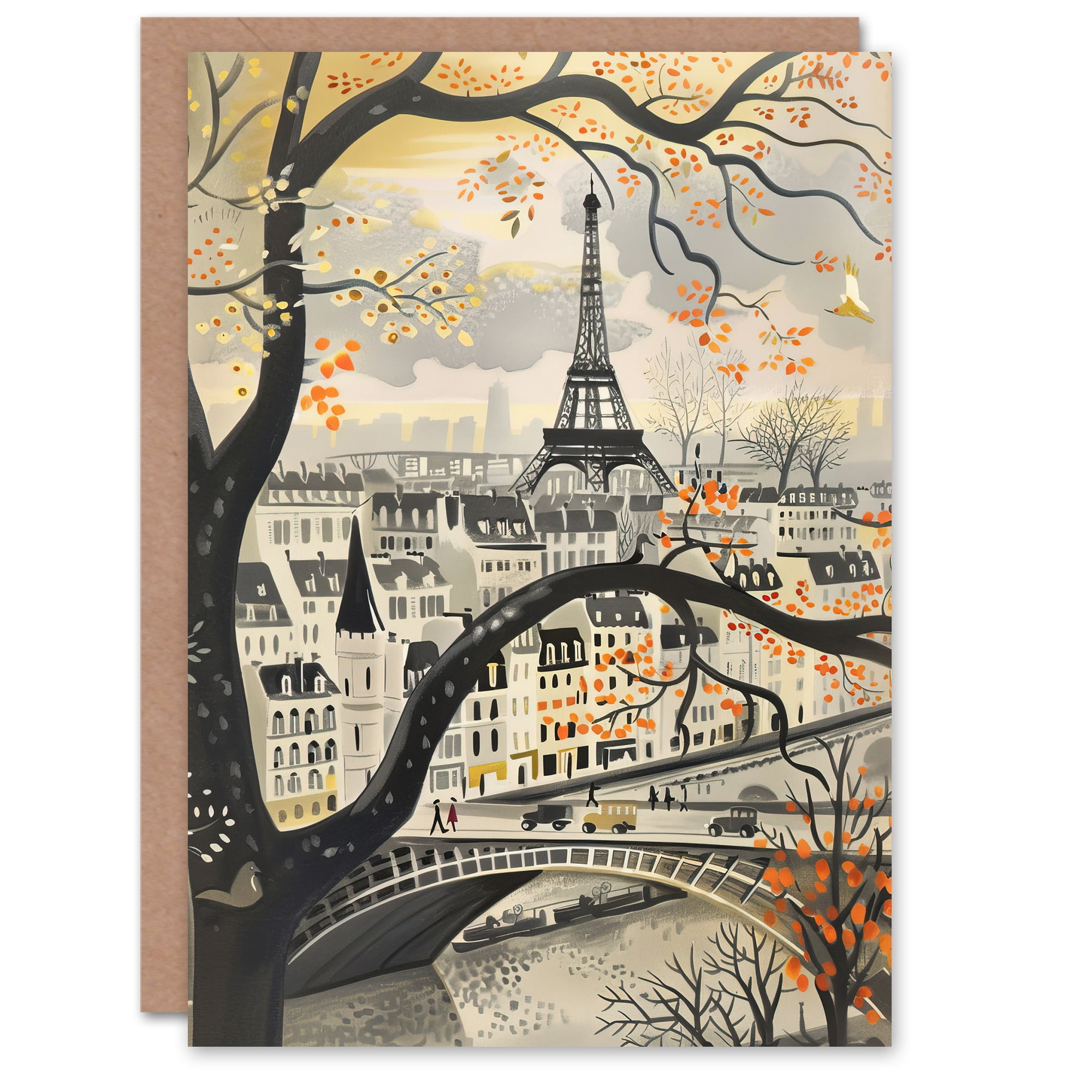 Artery8 Greeting Card Vintage Autumn in Paris Cityscape Eiffel Tower Blank For Him Or Her Art Birthday Card