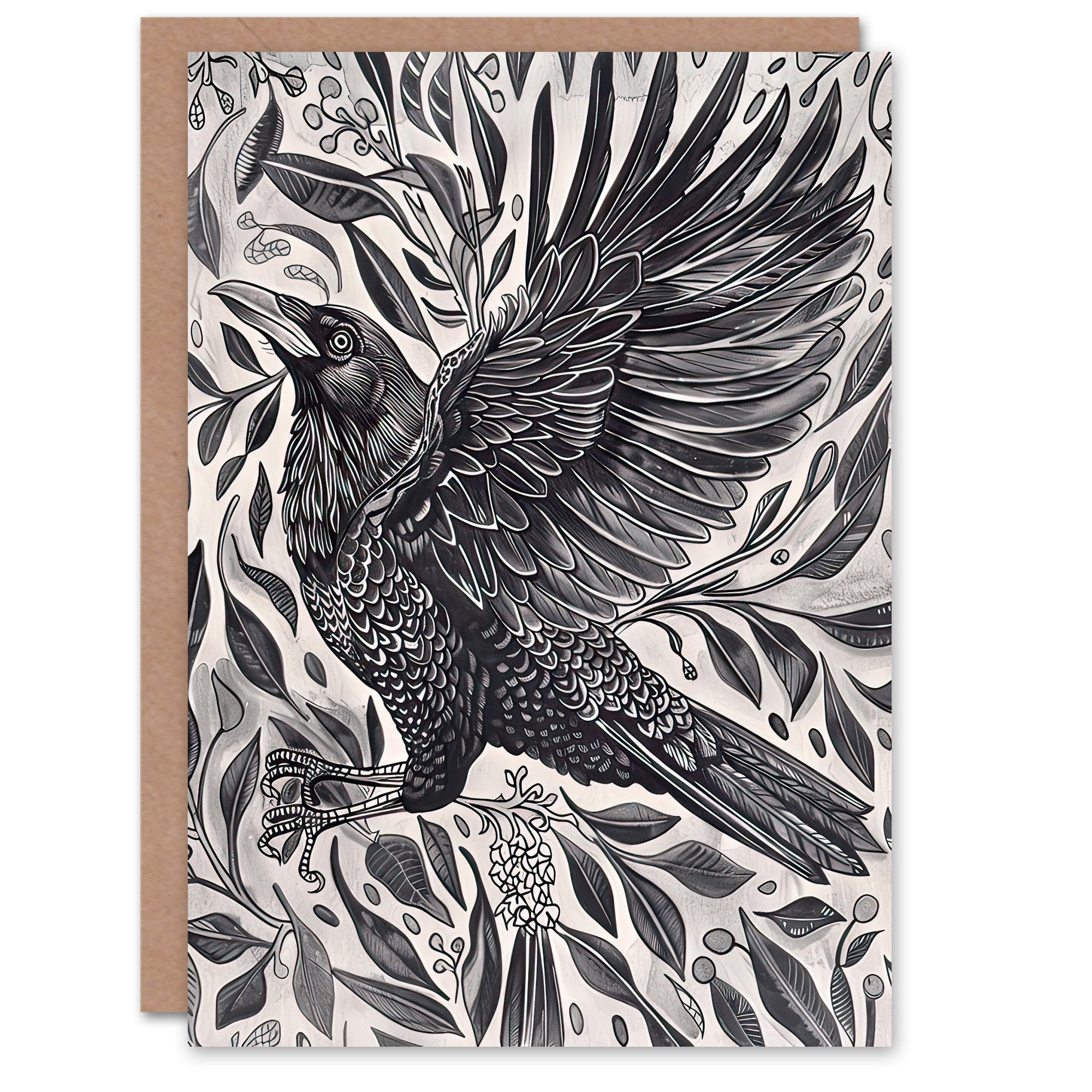 Artery8 Greeting Card Wild Black Raven in Flight Painting Magic Gothic ...