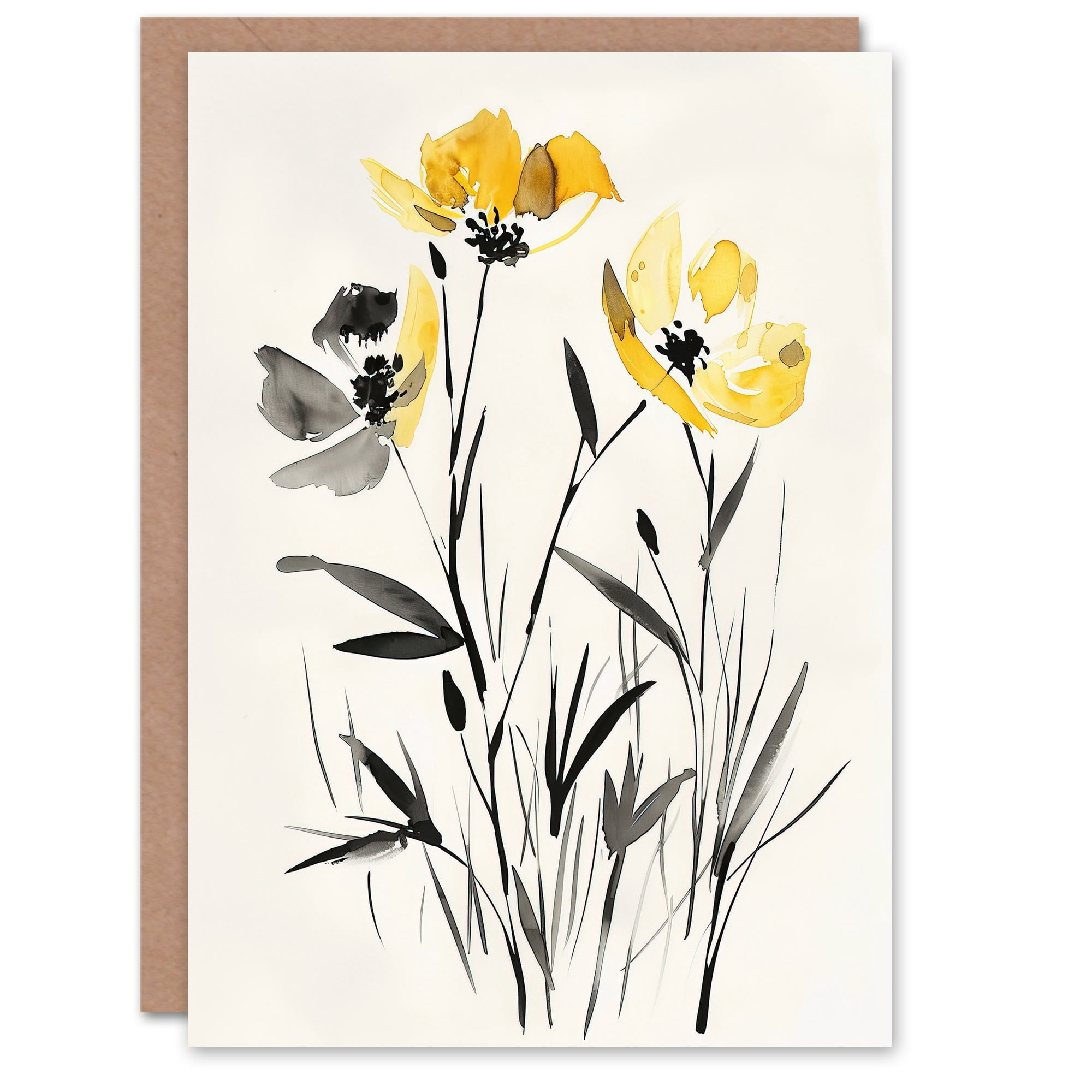 Artery8 Biglietto Di Auguri Gatto Nero E Fiori Gialli - 17,5x12,5 Cm, Interno Bianco, Con Busta