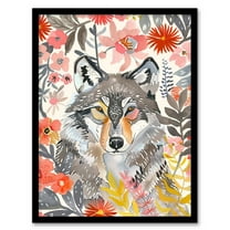Artery8 Grey Wolf Pink Floral Watercolour Animal Portrait Living Room Art Print Framed Poster Wall Decor 12x16 inch