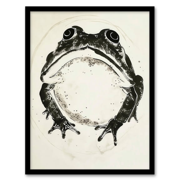 Artery8 Grumpy Frog Black and White Ink Drawing For Living Room Art Print Framed Poster Wall Decor 12x16 inch
