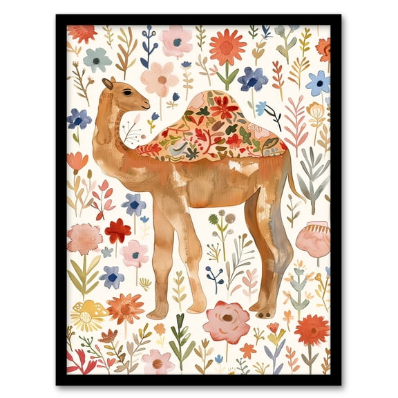 Artery8 Happy Camel With Floral Pattern Watercolour Living Room Artwork Framed Wall Art Print A4
