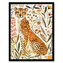 Artery8 Happy Cheetah with Wildflowers Watercolour Living Room Art Print Framed Poster Wall Decor 12x16 inch