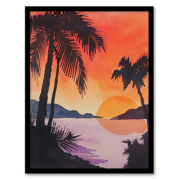 Artery8 Hawaii Sunset Beach Cove Palm Trees Watercolour Living Room Art Print Framed Poster Wall Decor 12x16 inch