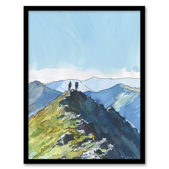 Artery8 Hikers on Helvellyn Mountain Ridge Landscape Living Room Artwork Framed Wall Art Print A4