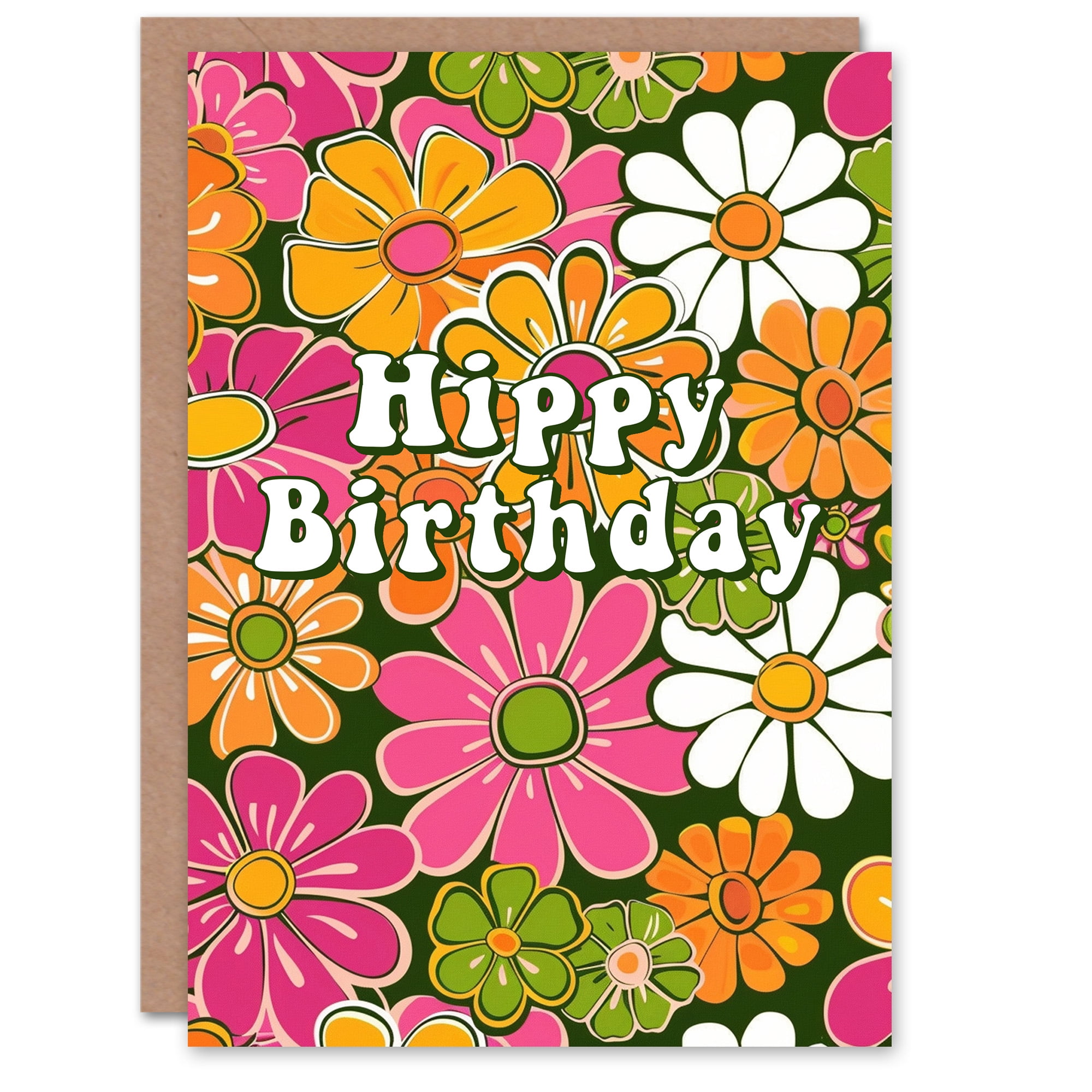 Artery8 Hippy Flower Power Green Pink Orange Retro Floral Blank