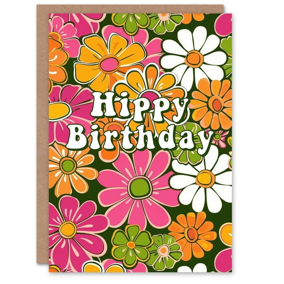 Artery8 Hippy Flower Power Green Pink Orange Retro Floral Blank For Him Or Her Art Birthday Card