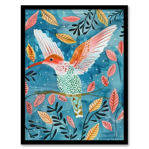 Artery8 Hummingbird Folk Art Pink Blue Orange Watercolour Living Room Art Print Framed Poster Wall Decor 12x16 inch