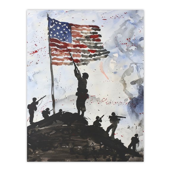 Artery8 Iwo Jima WWII Soldiers American Flag Watercolour Man Cave Large Wall Art Poster Print Thick Paper 18X24 Inch