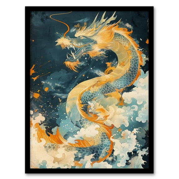 Artery8 Japanese Blue Orange Water Dragon Painting For Living Room Art Print Framed Poster Wall Decor 12x16 inch