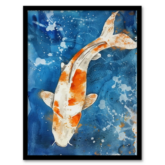 Artery8 Japanese Koi Carp Fish in Pond Watercolour Splat Bathroom Toilet Art Print Framed Poster Wall Decor 12x16 inch
